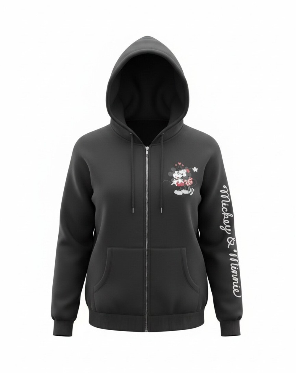 Disney Mickey & Minnie Mouse Black Full Zip Fleece Hoodie XXL Pockets